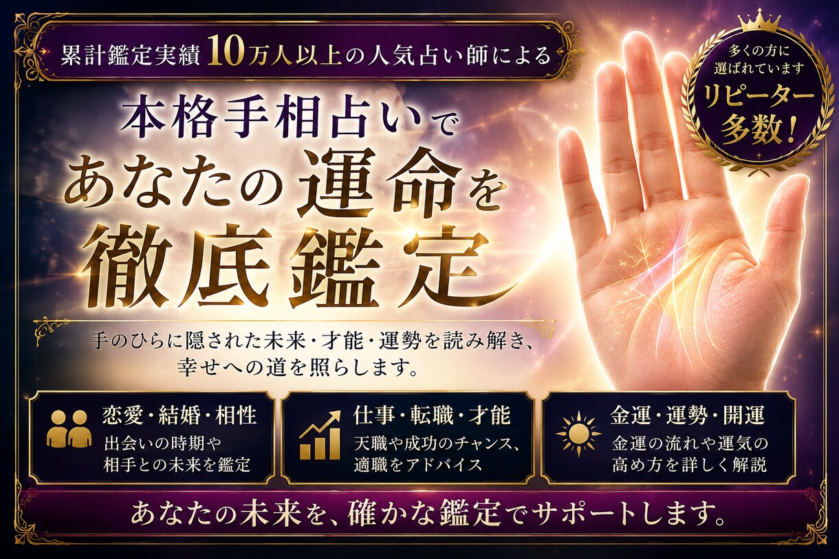 写真ひとつであなたの恋愛、仕事など正確に占います 恋愛、仕事、友人関係、お金のことなどをプロの占い師が鑑定。 イメージ1