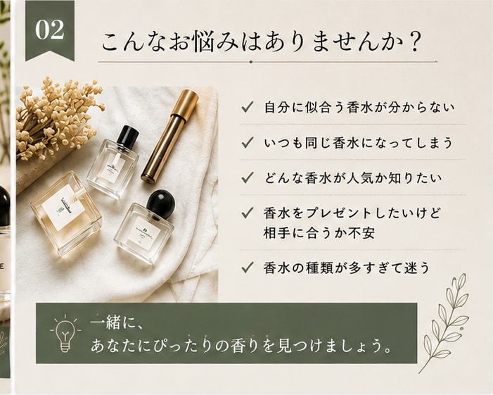 あなたに似合う香水を一緒に選びます 香水好きが、好みや雰囲気から最高の香水をご提案します イメージ2