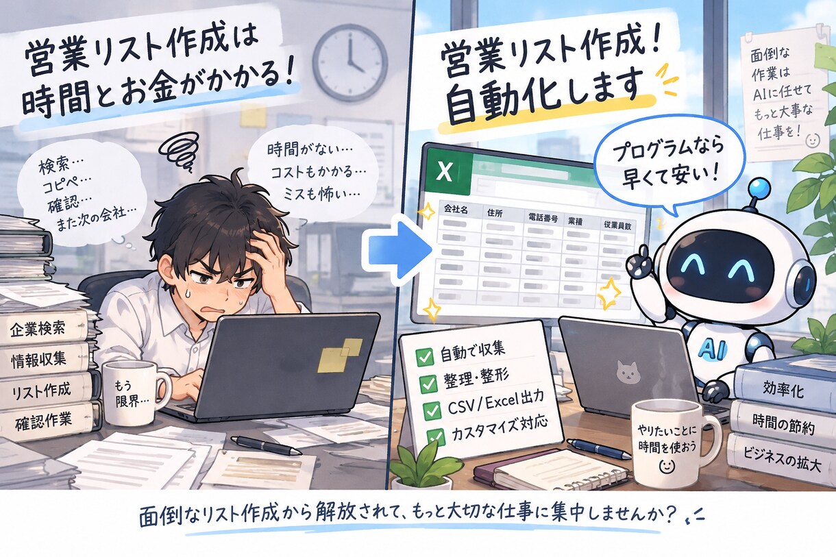 営業リスト作成!自動化します めんどくさい営業リスト作成を格安で自動化しませんか？ イメージ1