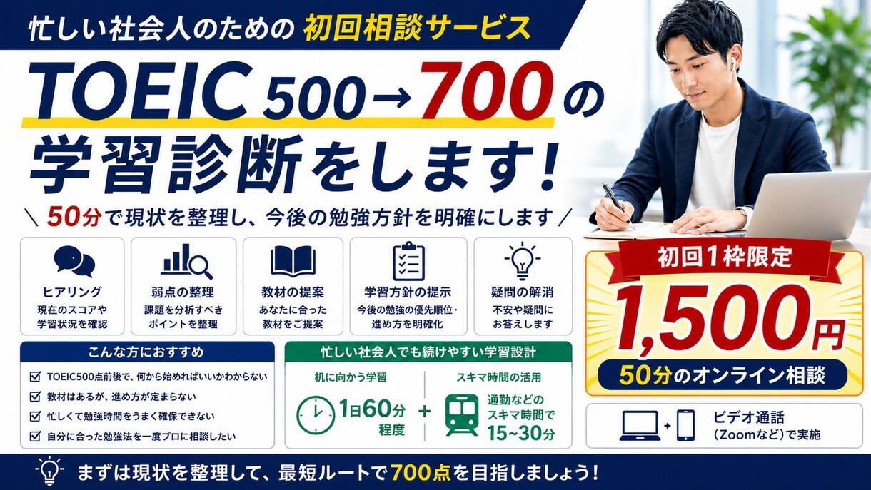 TOEIC500→700を学習設計します 50分で課題と勉強法を明確化します イメージ1