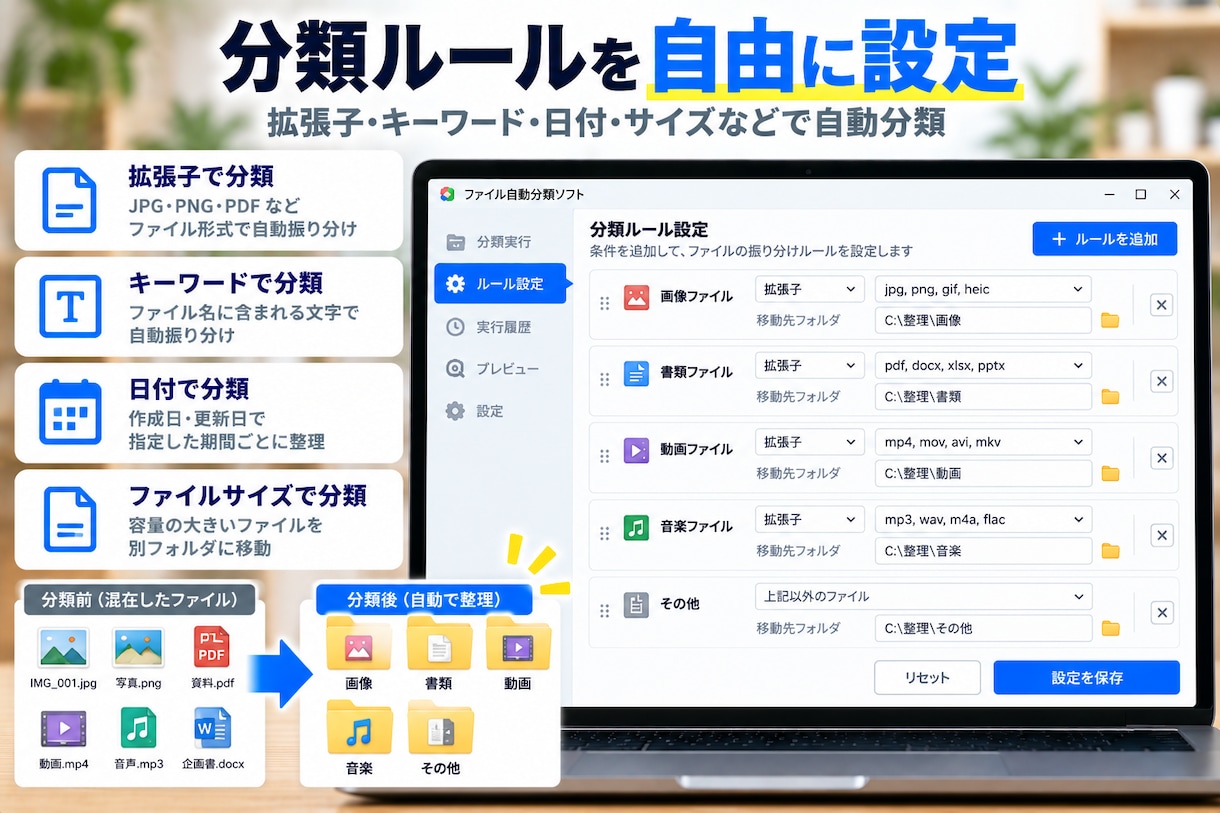 ファイルを自動で分類・整理できるツールを提供します PDF・Excel・画像などをルール通りにまとめて自動整理 イメージ2