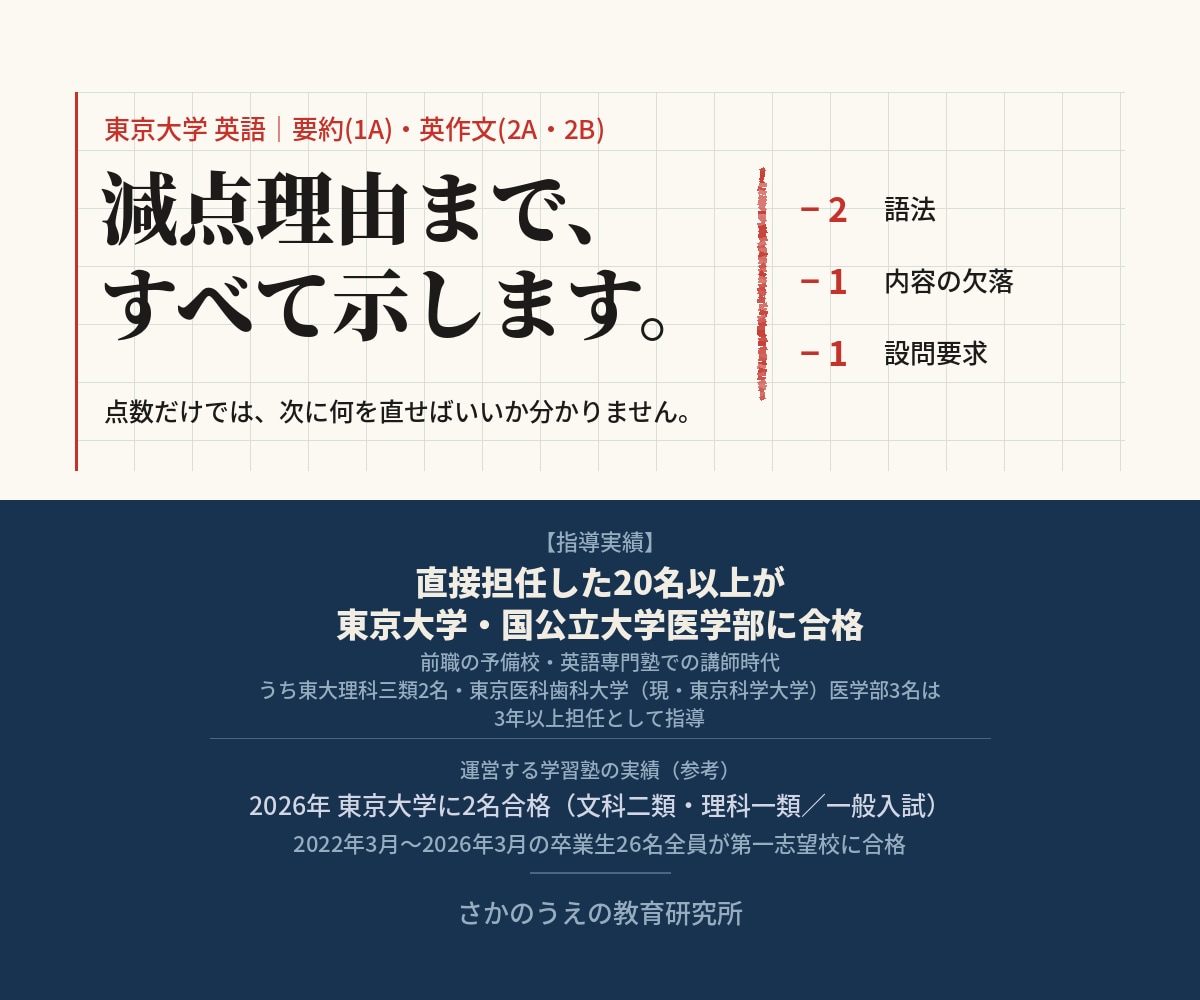 東大英語の要約・英作文を減点理由まで添削します 「なぜ減点されたか」が分かる採点表つきで返します イメージ1