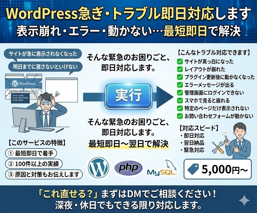 WordPress急ぎ・トラブル即日対応します 表示崩れ・エラー・動かない…最短即日で解決 イメージ1