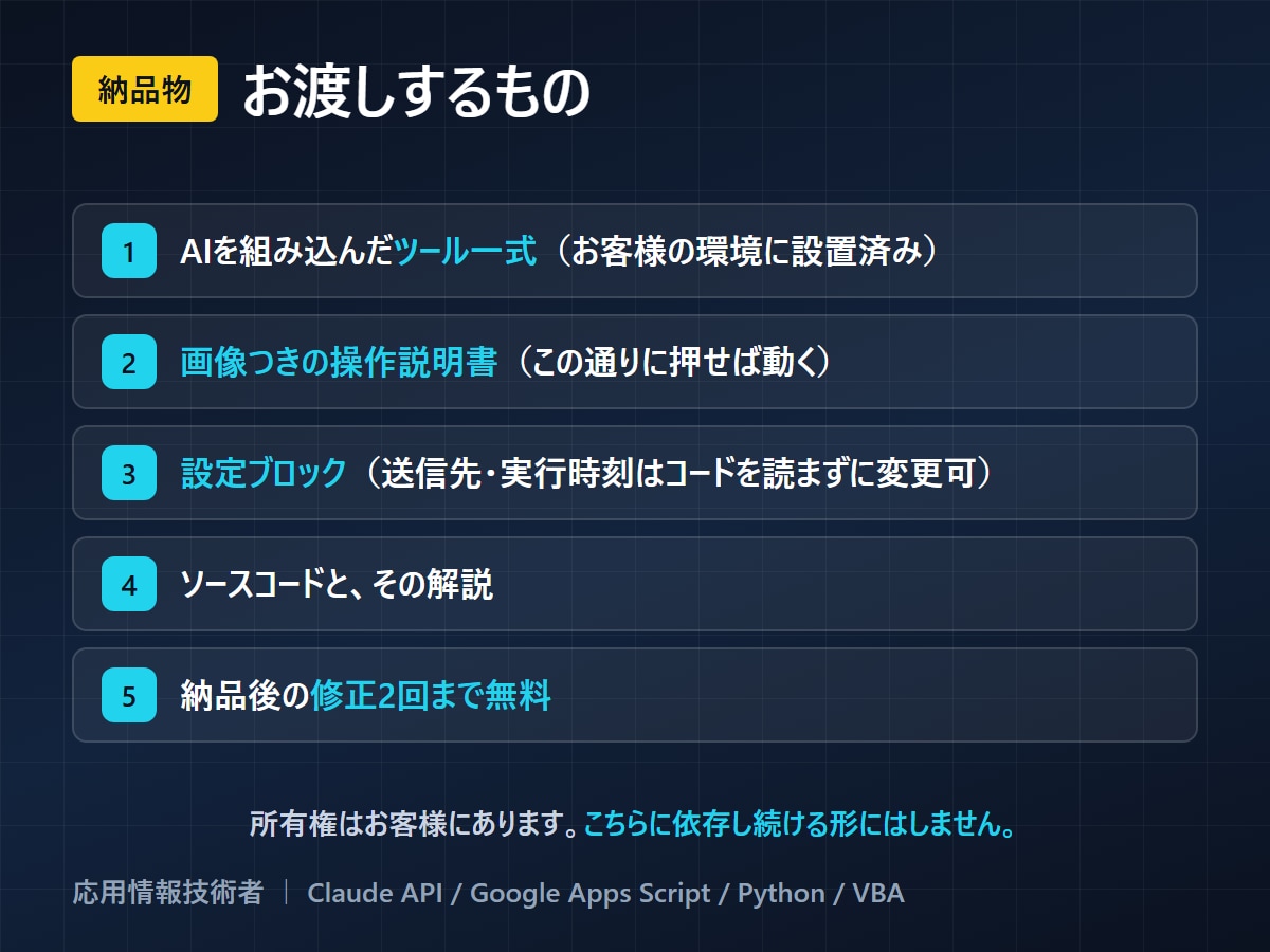 通話不要｜ClaudeCodeで業務を自動化します 応用情報技術者｜通話なし・無料試作あり・最短即日 イメージ1