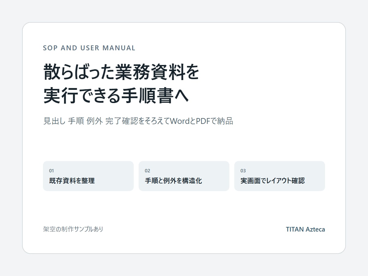 散らばった業務資料を操作マニュアルに整えます 30ページまで見出し・手順・確認項目を統一 イメージ1