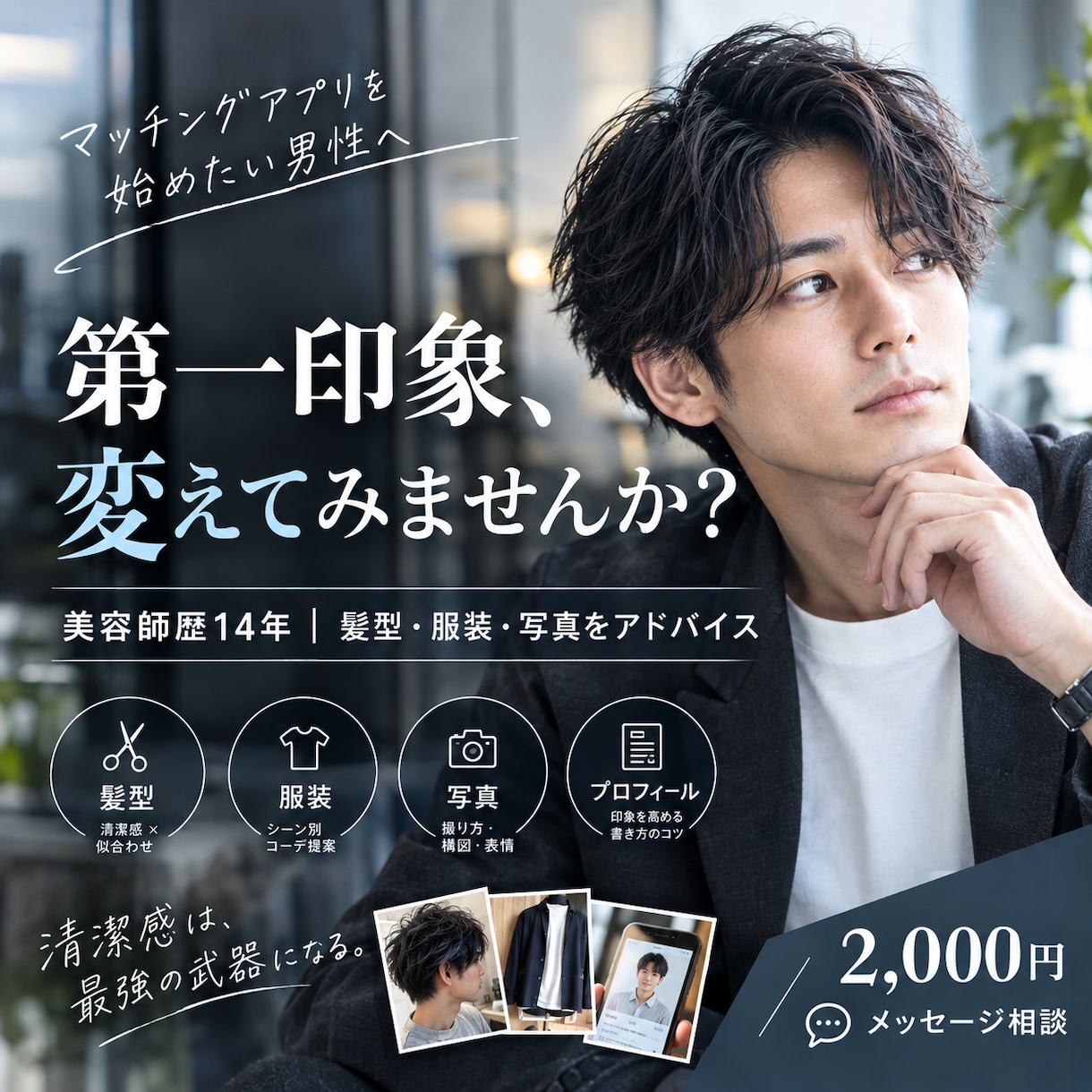 マチアプ初心者男性の第一印象を美容師が提案します 髪型・服装・プロフィール写真を一緒にチェック！ イメージ1