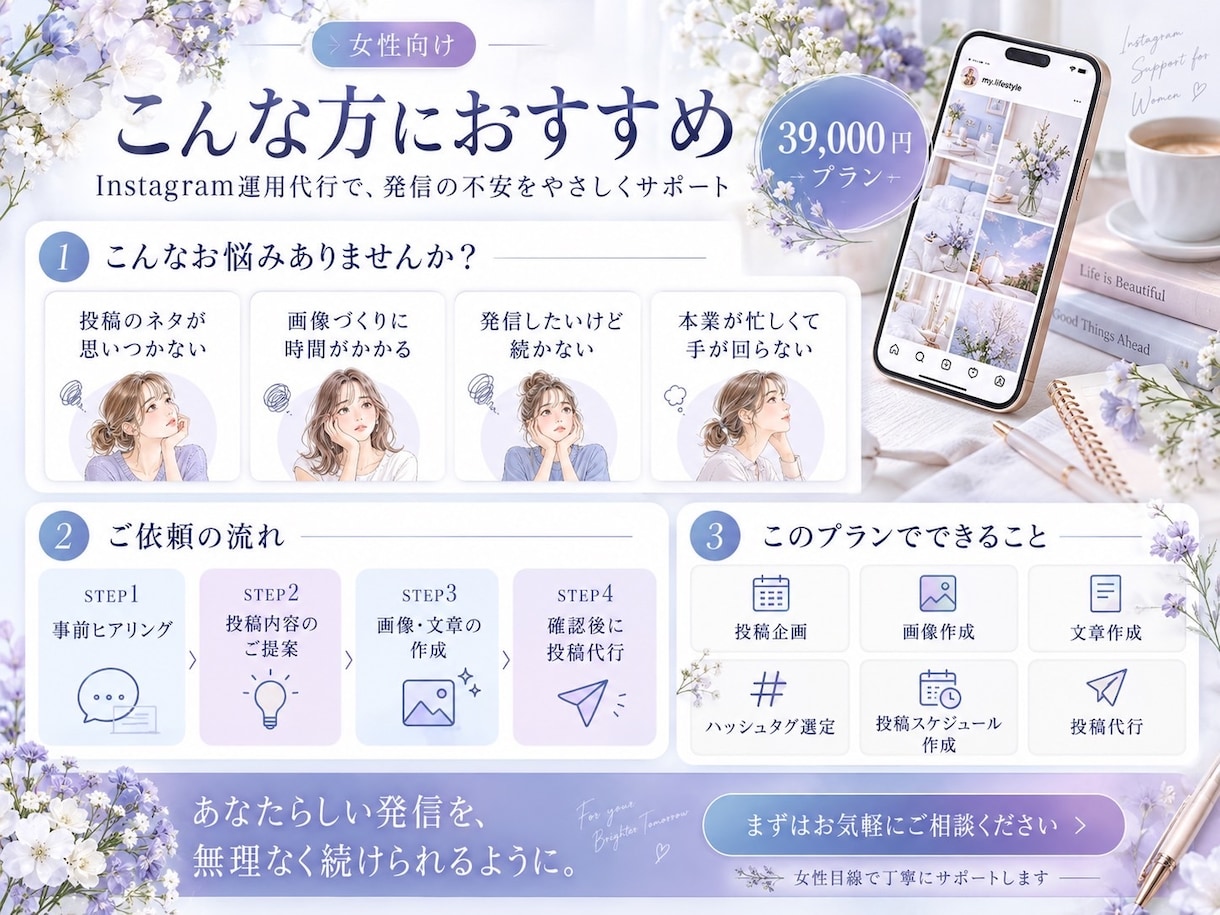 忙しい女性のインスタ投稿をまるごと丁寧に代行します 女性目線で投稿作成から運用まで丁寧にまるごとサポートします イメージ2