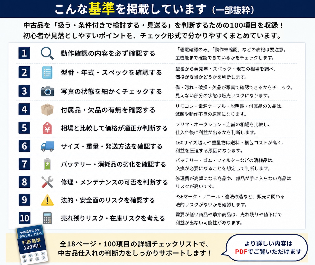 中古転売の仕入れ判断基準100をPDFで提供します リサイクルショップ店員目線で「買う・見送る」を素早く判断 イメージ6