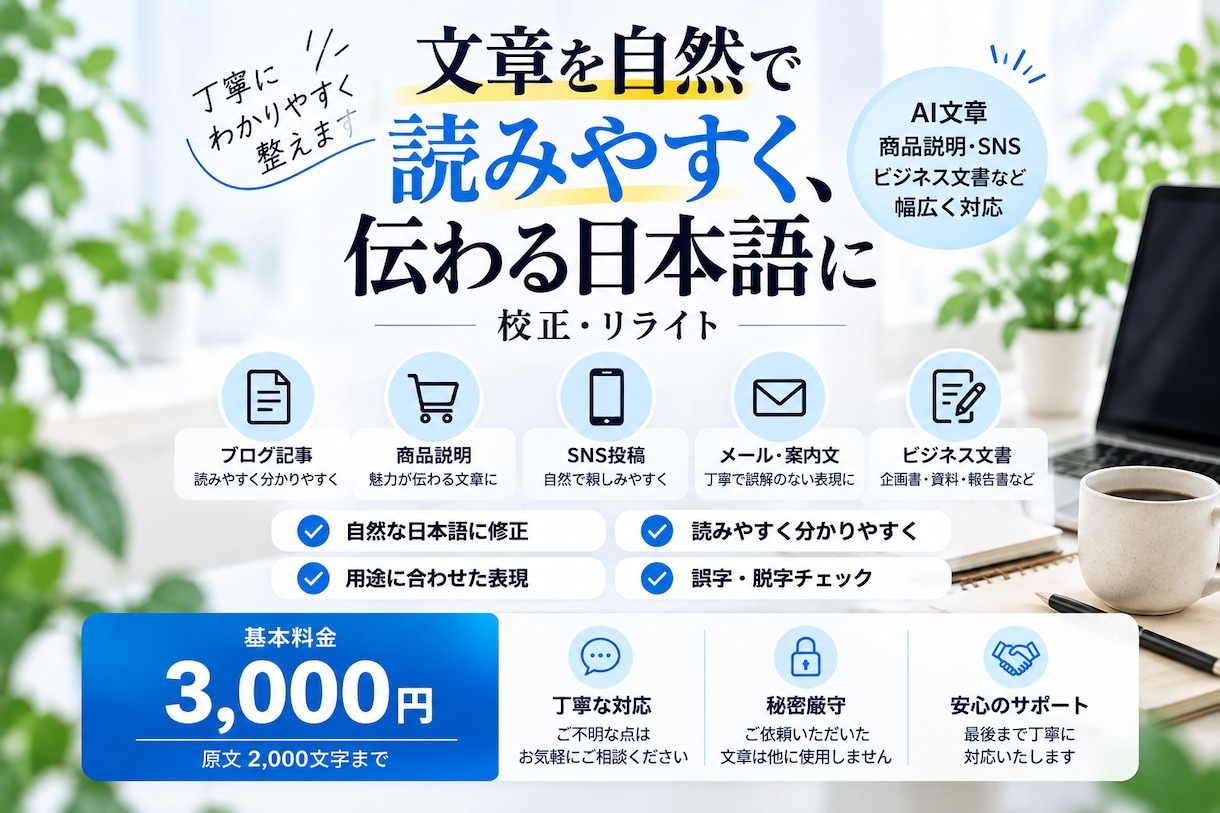 文章を自然で読みやすい日本語に整えます AI文章・商品説明・SNS投稿など幅広く対応 イメージ1