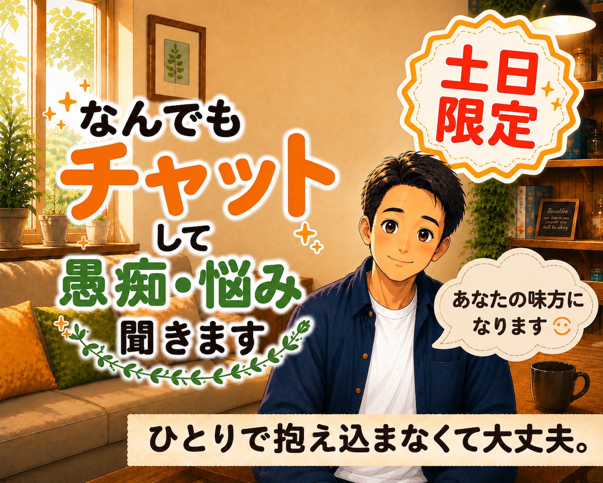 土日限定チャットで愚痴／悩み／相談／聞きます 土日チャットし放題。あなたの心を大切に寄り添います。 イメージ1