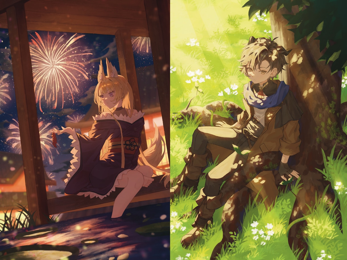 背景ありの一枚絵イラストを制作します 安心してお任せいただける丁寧な制作進行を心がけています。 イメージ1