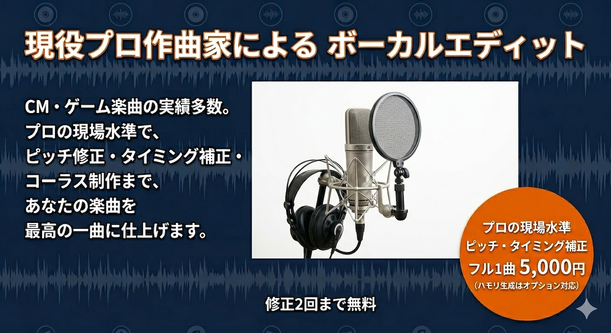 現役の商業作曲家がピッチ修正・ボーカル補正します CM作曲のプロが個性を活かした現場水準のエディットを提供 イメージ1
