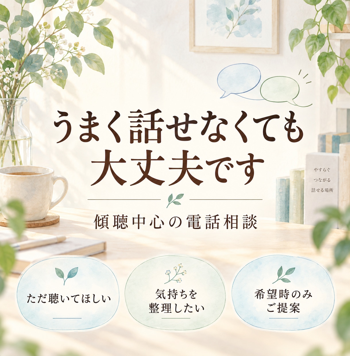 親しい人にも言えないお悩みをやさしくお聴きします 否定もジャッジもせず、あなたの気持ちに寄り添います イメージ2