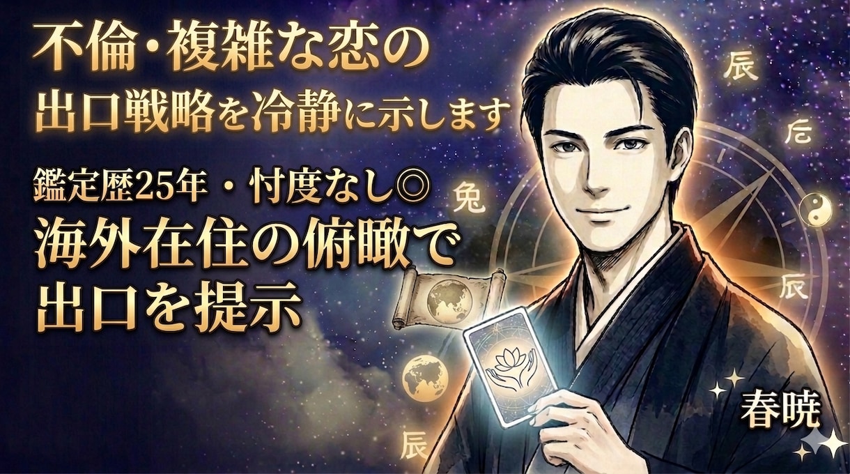 不倫・複雑な恋の出口戦略を冷静に示します 鑑定歴25年・忖度なし◎海外在住の俯瞰で出口を提示します イメージ1