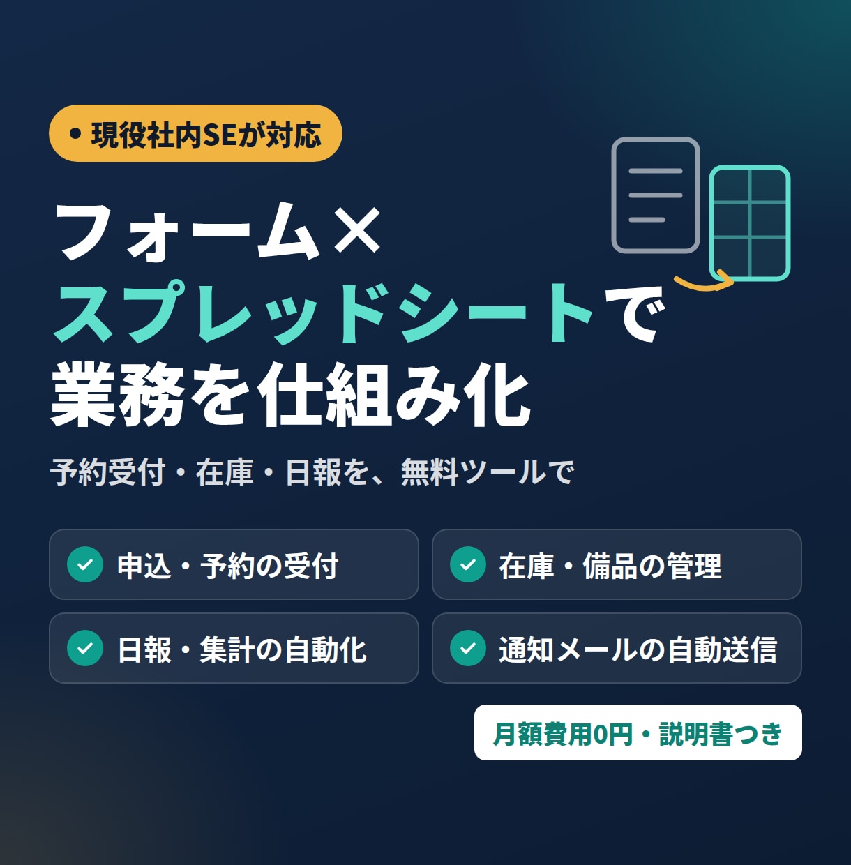 フォームとシートで業務の仕組みを作ります 予約受付・在庫・日報を、月額0円で自動化 イメージ1
