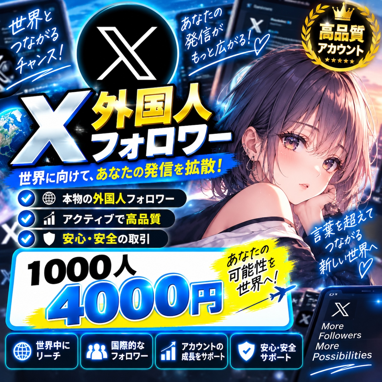 Xの外国人フォロワー増やします Xのフォロワーを増加し、集客力と認知向上力アップ！ イメージ1