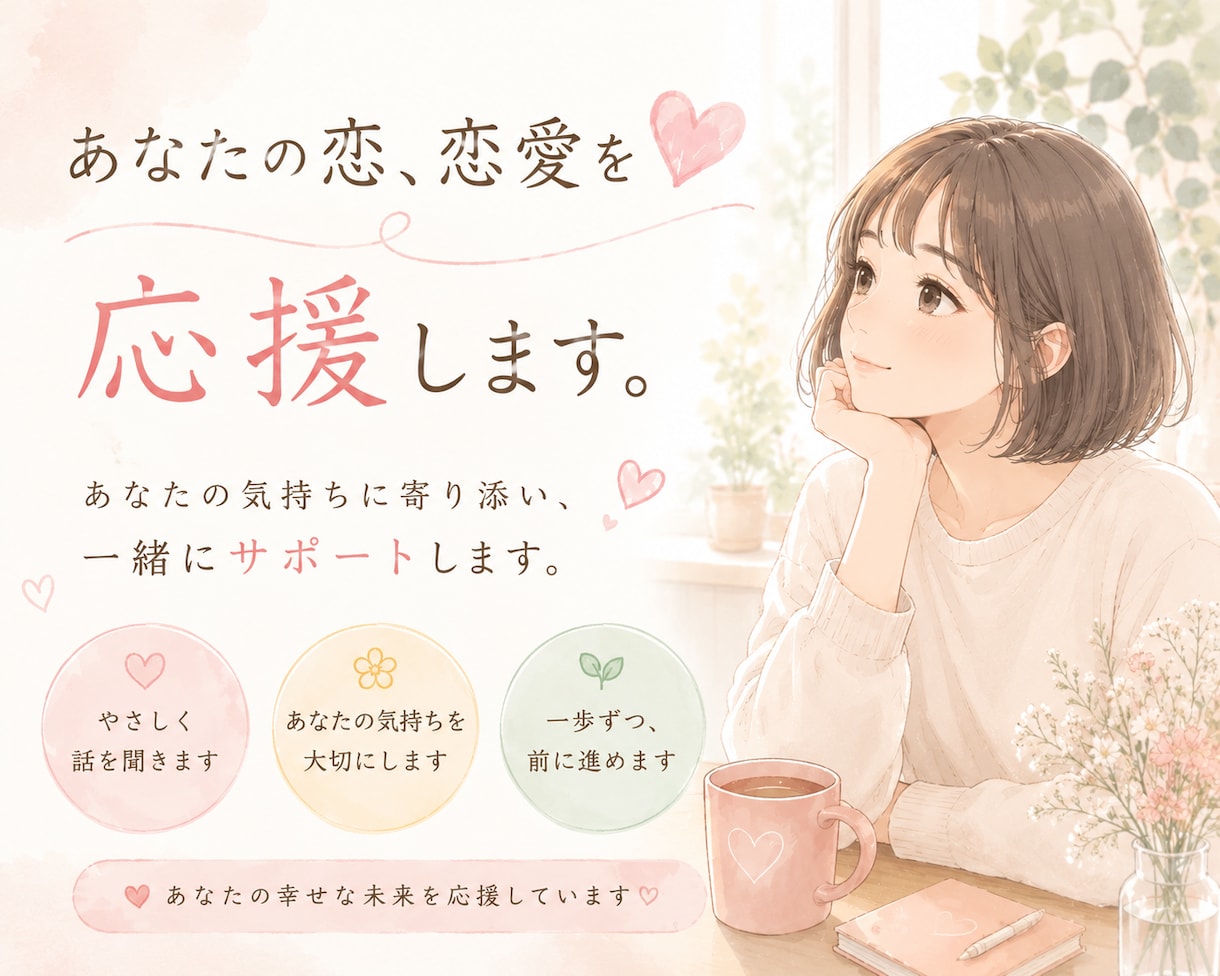 恋するあなたの心を応援します まずは”あなたの心”を大切に。安心して話せる場所を作ります。 イメージ1
