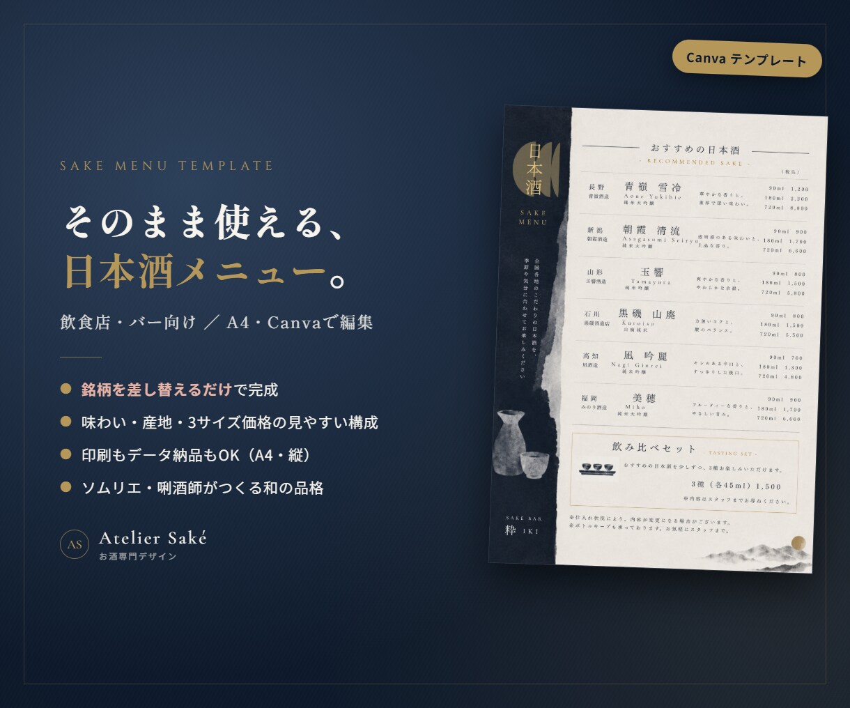 ソムリエ監修 日本酒メニュー表テンプレ作ります 銘柄を差し替えるだけ。お店の日本酒が伝わる一枚に イメージ1