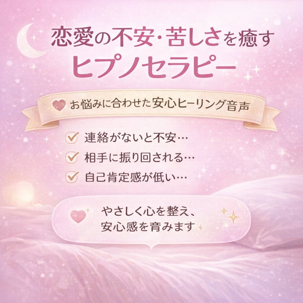 ヒプノセラピーで恋愛不安を癒す台本音声を作成します 恋愛不安と自己肯定感の癒しをオーダーメイドでお届けします。 イメージ2