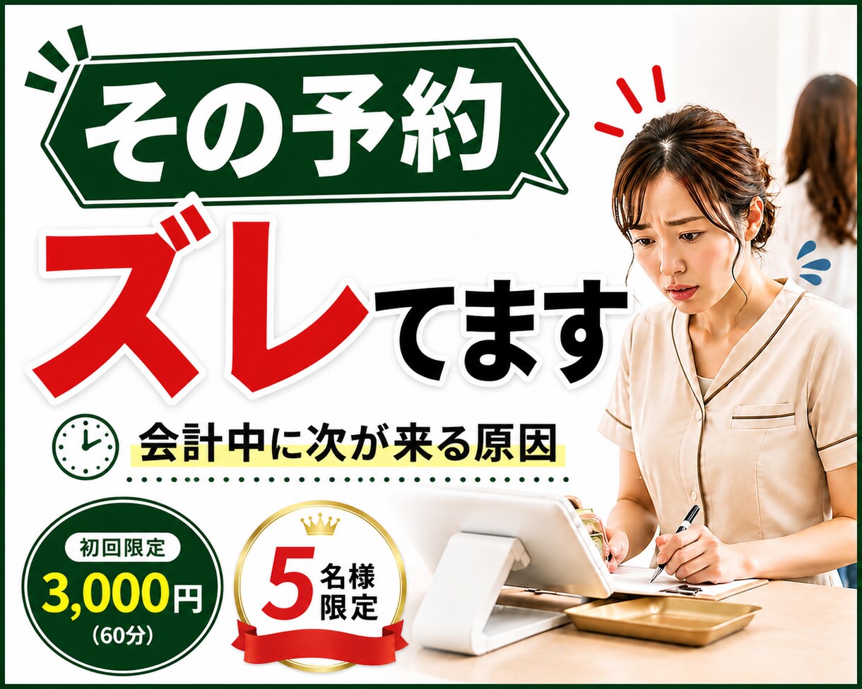 サロン予約改善｜会計中に次が来る原因を特定します 「あと10分あれば回るポイント」を特定し、予約の並びを修正 イメージ1