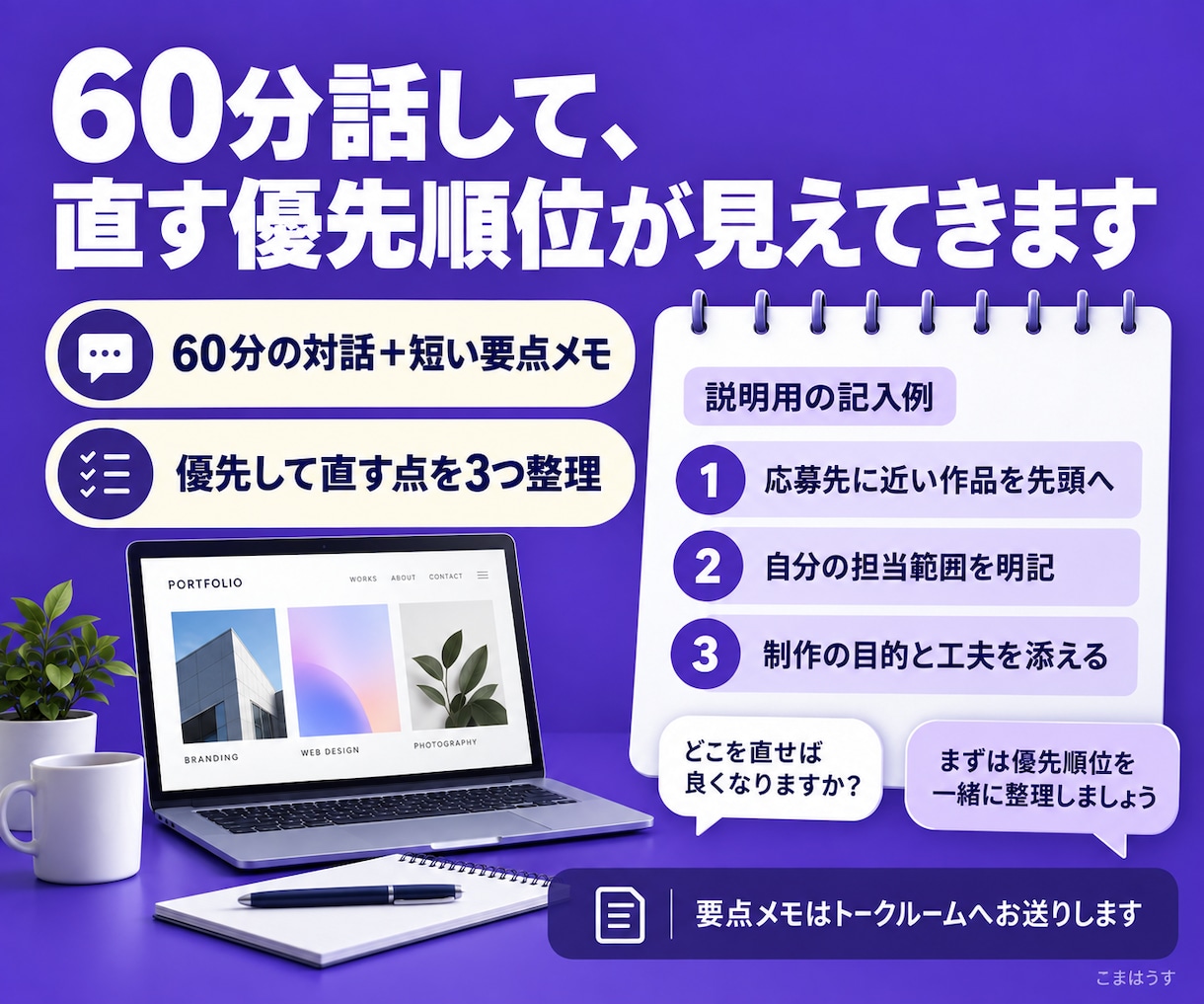 ポートフォリオの見せ方を60分で整理します 作品の選び方・掲載順・強みの伝え方を一緒に整理 イメージ4