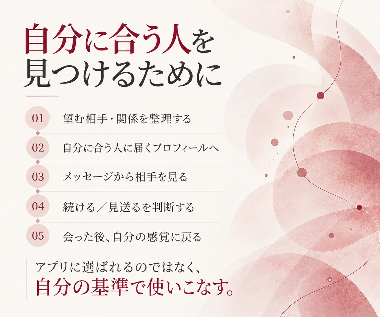 マッチングアプリで自分に合う人の見極め方を教えます 万人受けより、あなたに本当に合う人との出会いを。 イメージ3