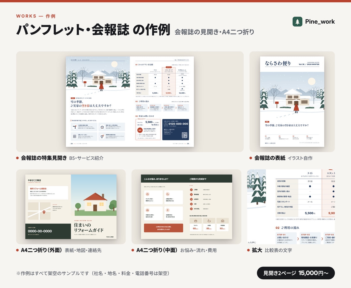 パンフレット・会報誌を読みやすい誌面で作ります 見開き2ページ15,000円。比較表・流れ図も込み イメージ2