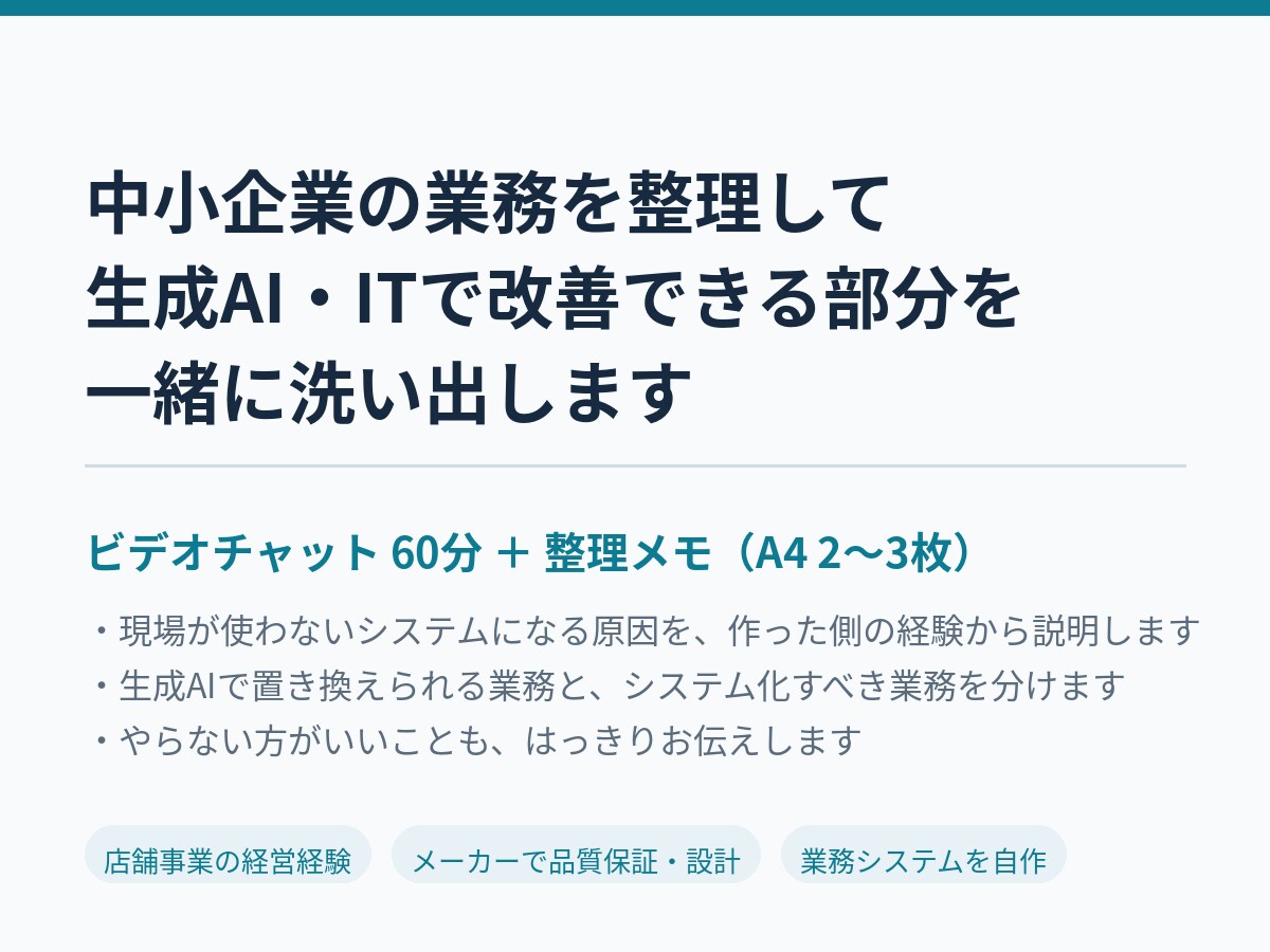 中小企業の業務を整理しAI・ITの使い所を示します 元経営者が現場目線で、何から手をつけるかを一緒に決めます イメージ1