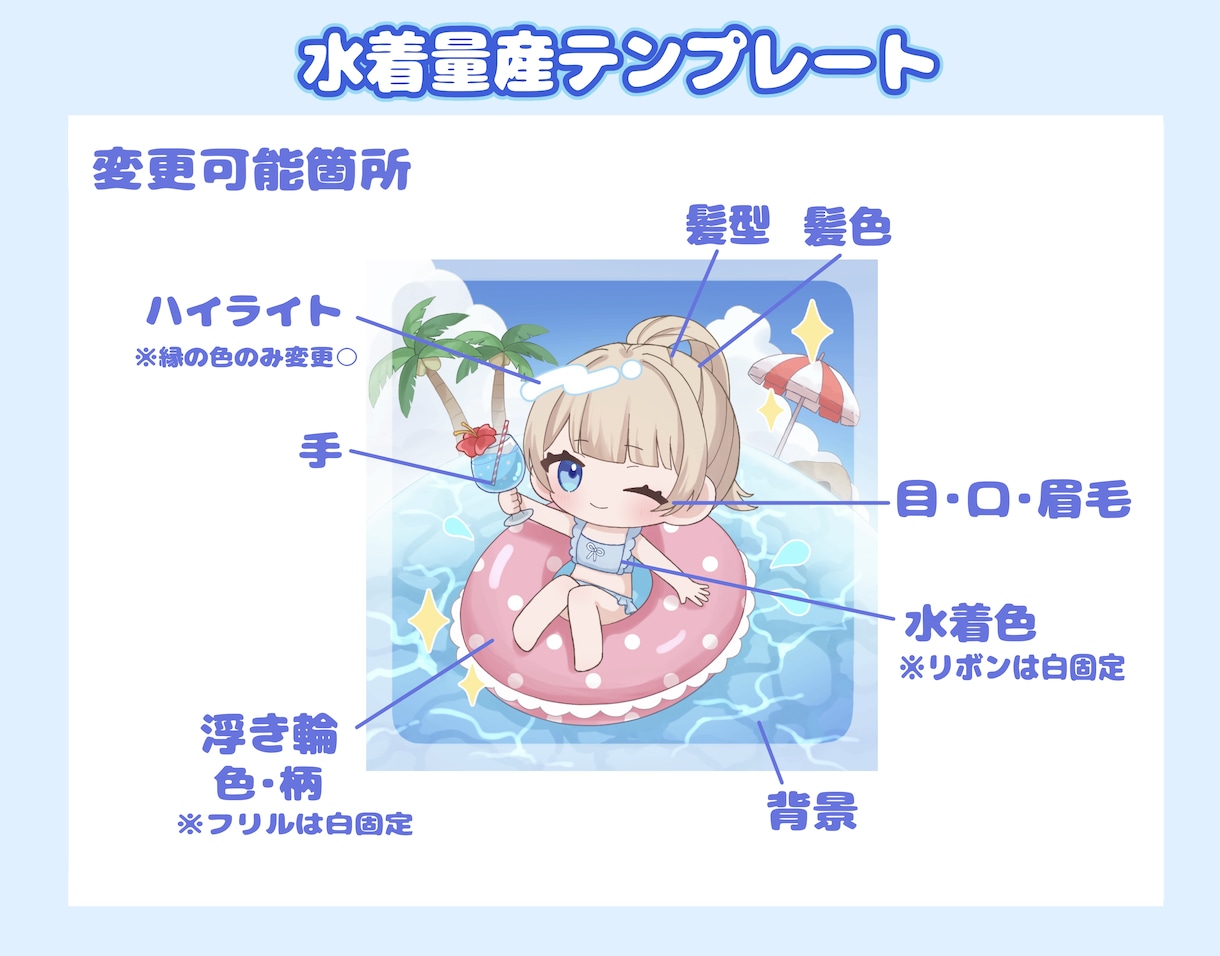 最短当日⭕️水着量産イラスト描きます 商用料金込み！かわいいミニキャラの女の子です！ イメージ2