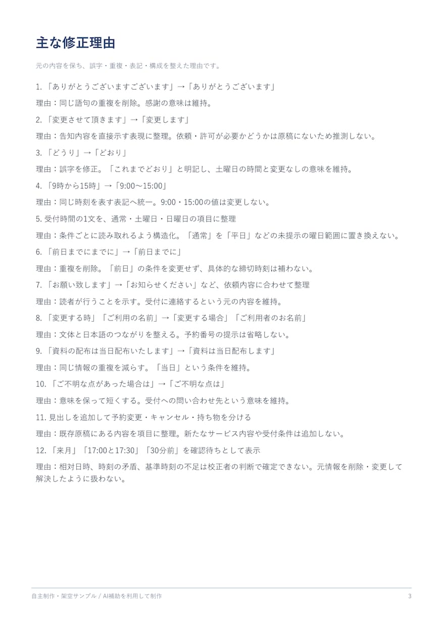 お知らせ文の誤字と読みにくさを整えます 原稿3,000字まで、修正理由と要確認事項もお届け イメージ4