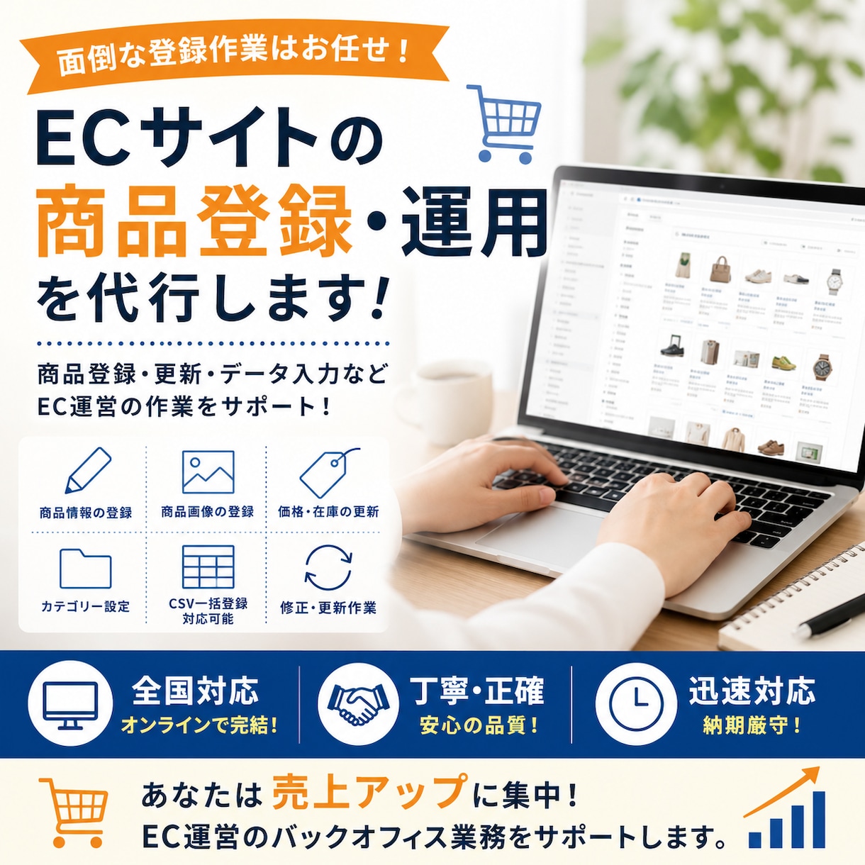 面倒なEC商品登録を丸ごと代行します 商品登録・説明文入力など、EC運営をサポートします。 イメージ1