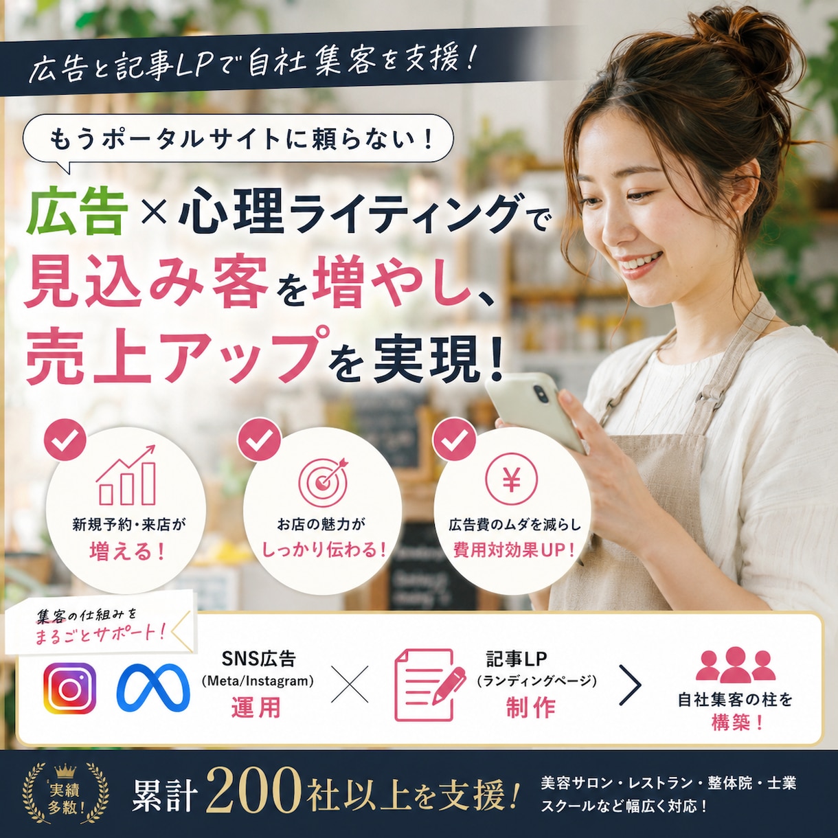 SNS広告と記事LP制作で自社集客を支援します 脱ポータルサイト！広告×心理ライティングで店舗見込み客を獲得 イメージ1