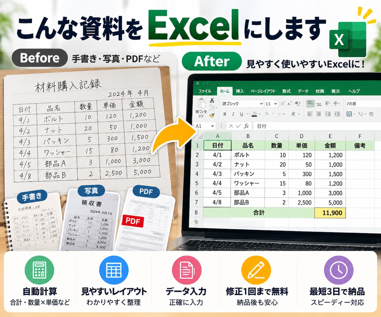 手書き・写真・PDFをExcelにします 面倒な表作成を見やすく使いやすいExcelに！ イメージ2