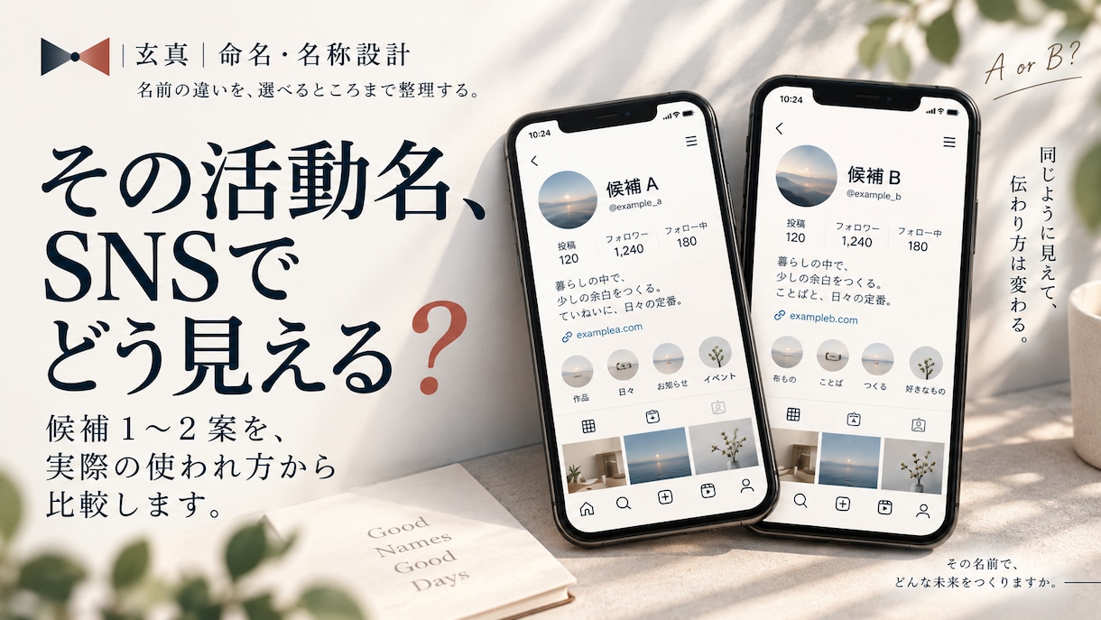 活動名の候補を、呼ばれ方まで見て比較します SNS表示・紹介・作品署名など、実際に使う場面での違いを整理 イメージ1