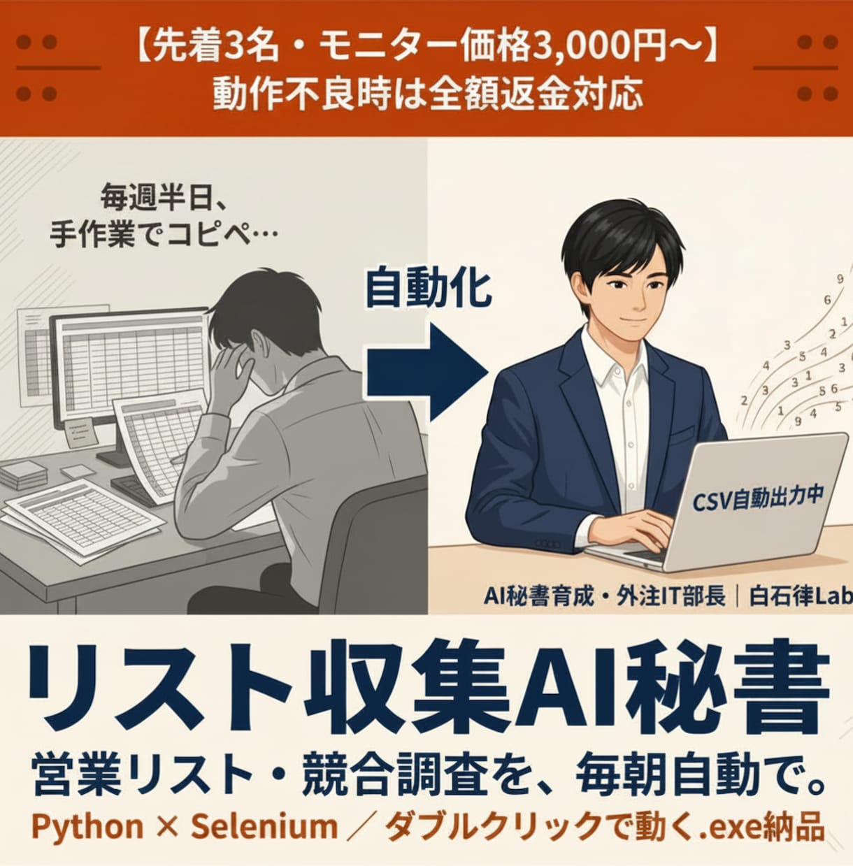 営業リスト・競合情報を毎朝AI秘書が自動収集します 毎朝3分でCSV／Windowsダブルクリック起動で即運用 イメージ1