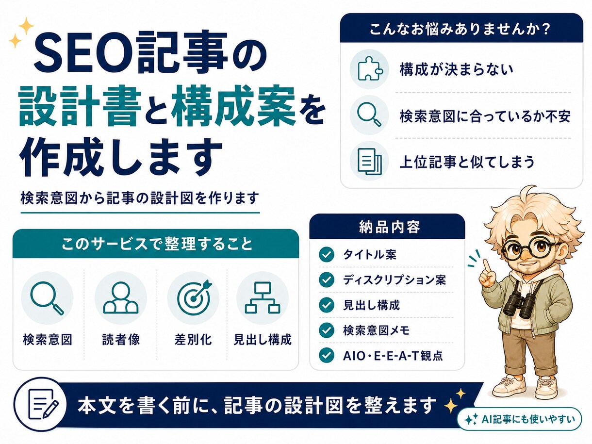 SEO記事の設計書と構成案を作成します 検索意図から記事の設計図を作ります イメージ1