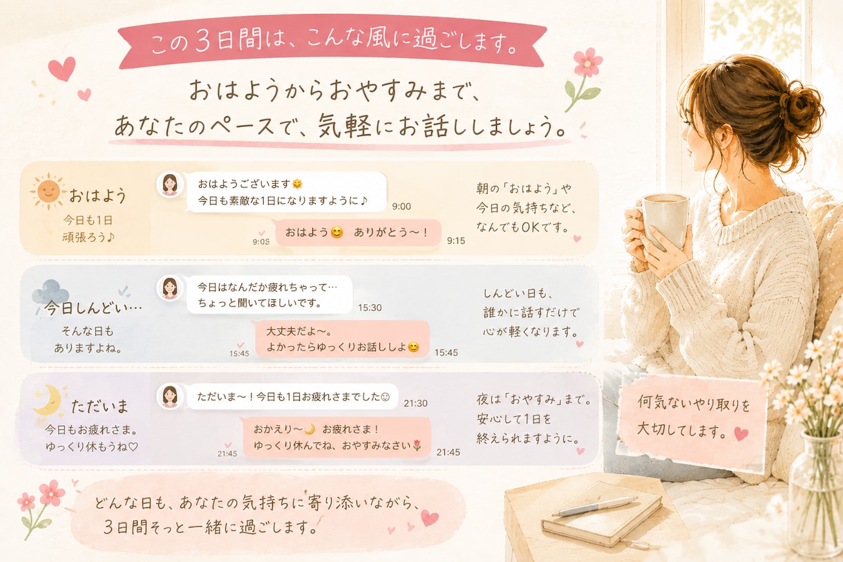 ひとりで頑張らない3日間❀チャットで寄り添います 愚痴も弱音も、まとまらない気持ちも。そのまま送ってください イメージ3
