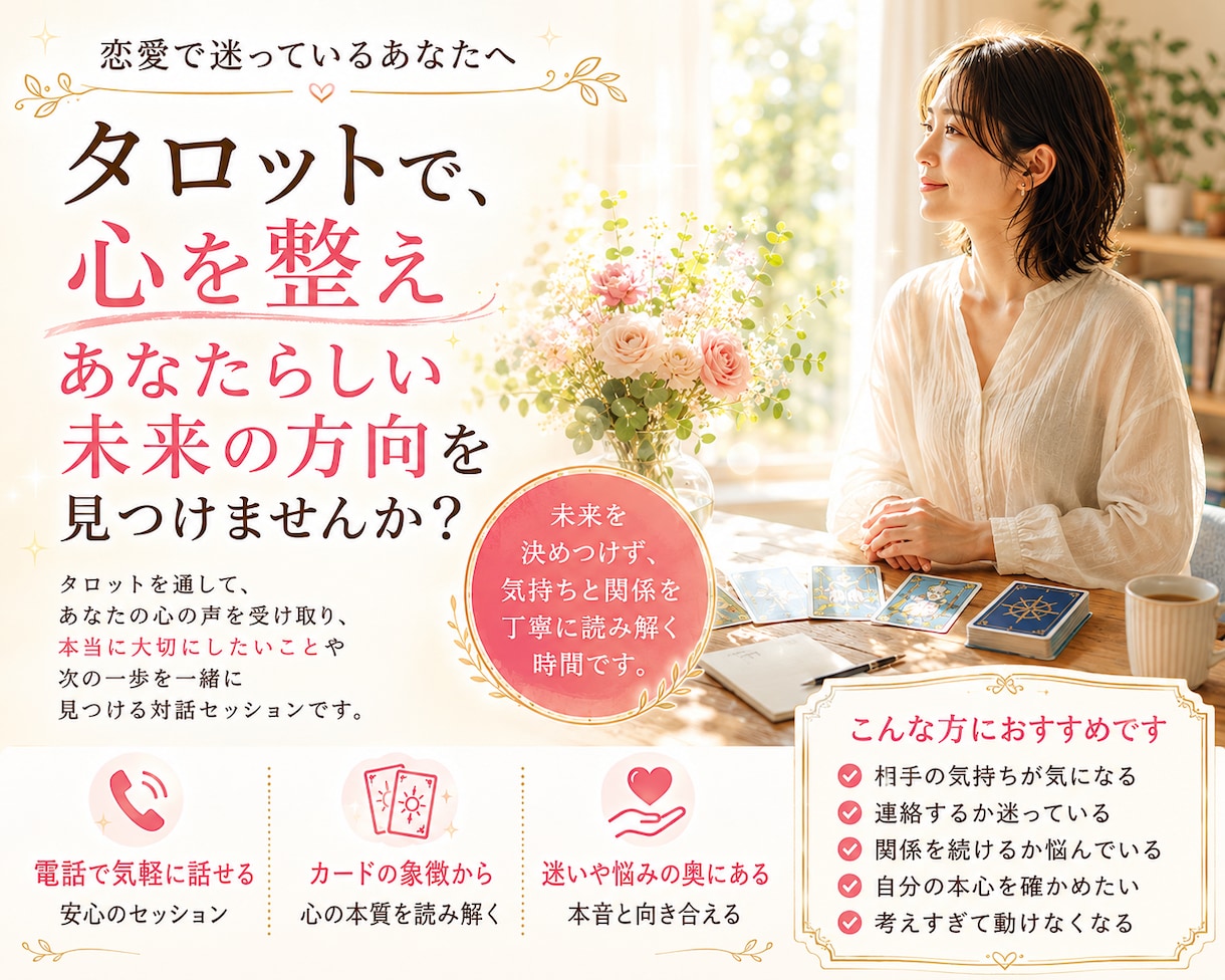 恋愛で迷っているあなたの心をタロットで整えます 未来は可能性空間。あなたの気持ちとお二人の関係から開けます。 イメージ1