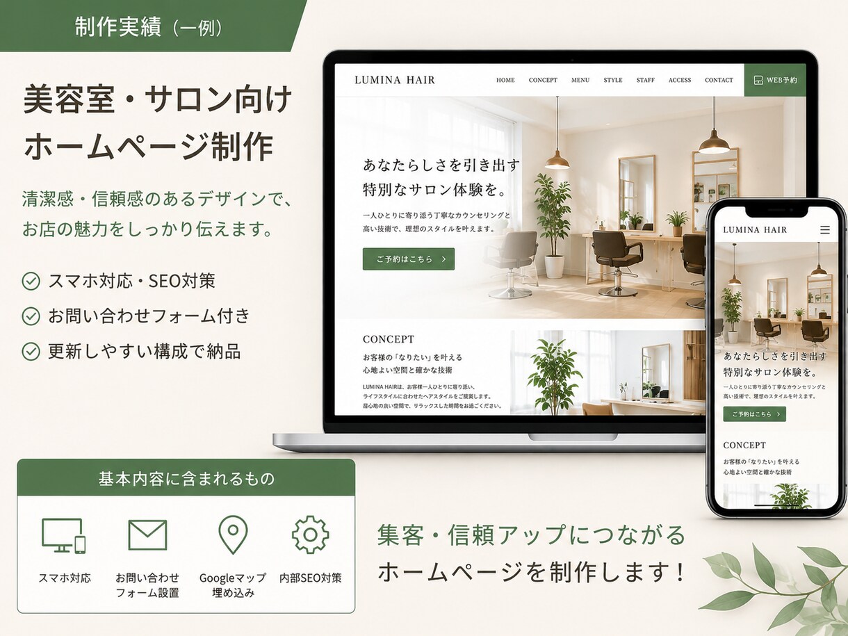 美容室・サロン向けホームページを制作します スマホ対応｜清潔感あるデザインで集客をサポート イメージ2