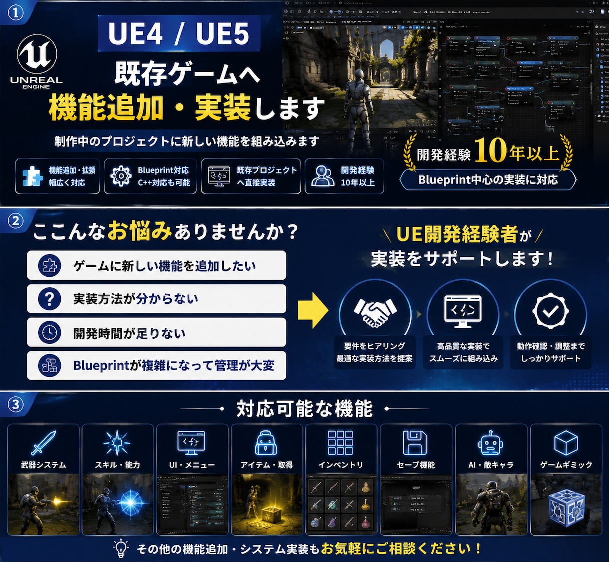 UEで既存ゲームへの機能追加・システム実装をします UE案件に携わっている現役プログラマーがサポートします。 イメージ1