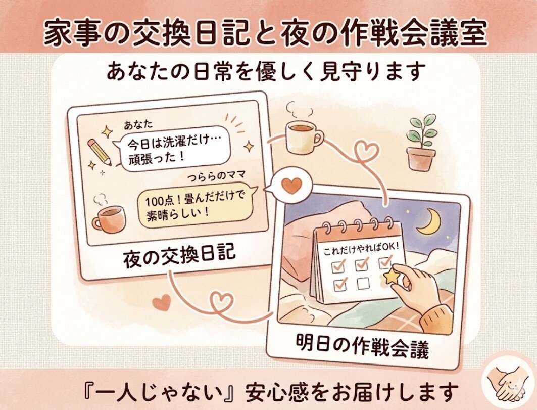 家事の交換日記&作戦会議室。日常を優しく見守ります 家事の孤独をなくしたい！寄り添い見守る「お家の相棒」 イメージ1