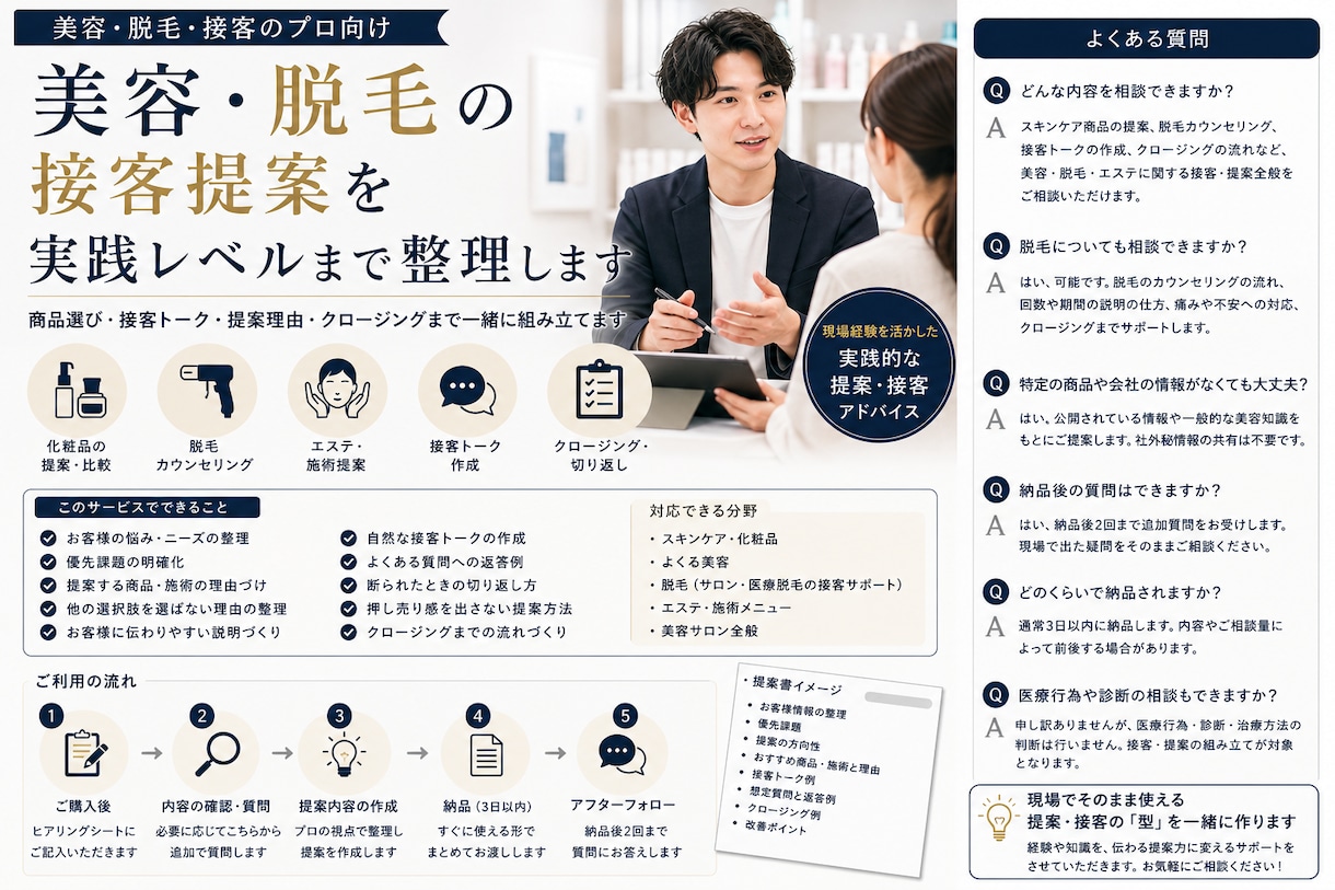 美容・接客のプロ向けに提案内容を徹底整理します 商品選び・接客トーク・提案理由まで一緒に組み立てます イメージ1