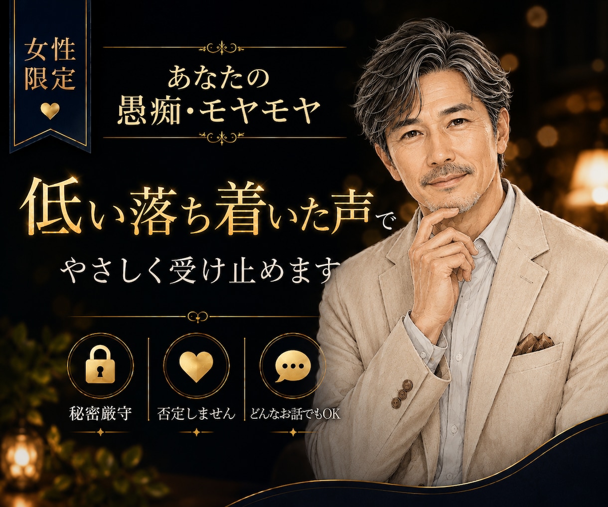女性限定◆疲れた心を優しく低音ボイスで癒します ★秘密厳守★日常の愚痴や悩み、どんなことでもお話し下さい イメージ1
