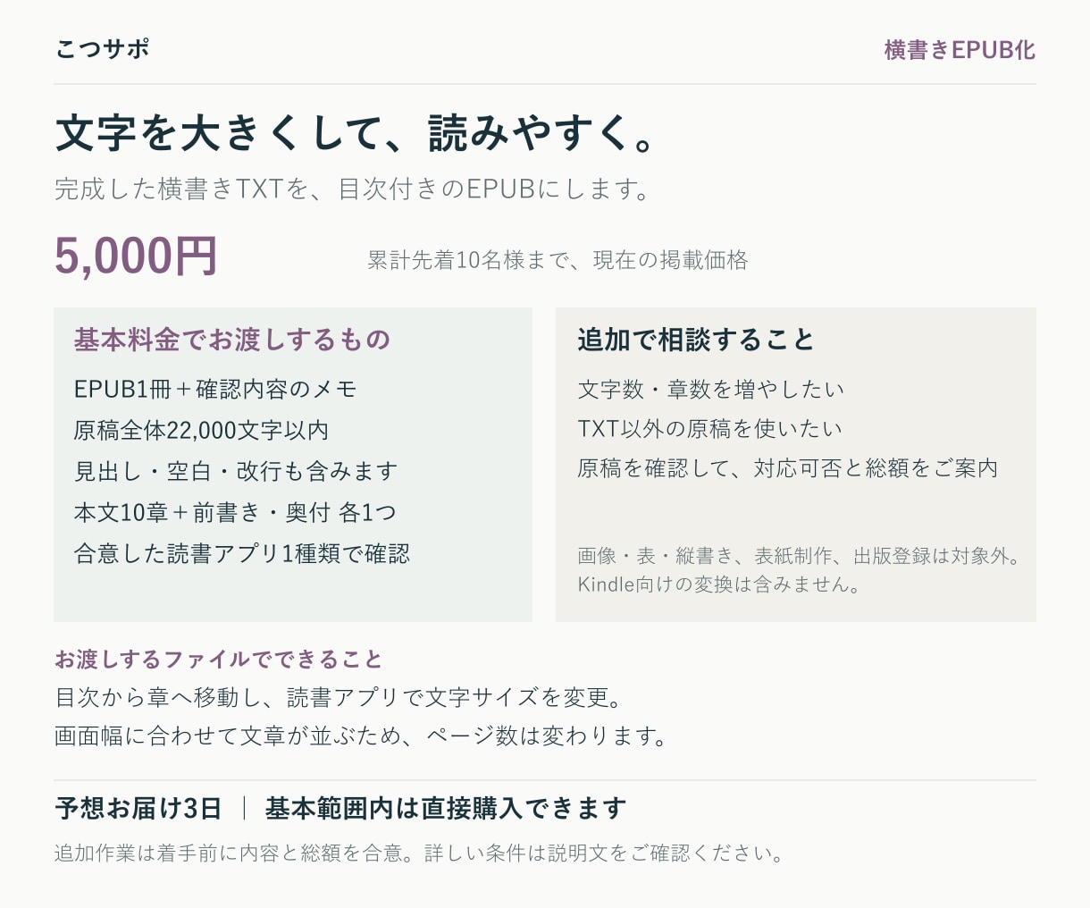 完成した横書き原稿を読みやすいEPUBにします 22,000文字・本文10章まで。横書きEPUBへ イメージ3