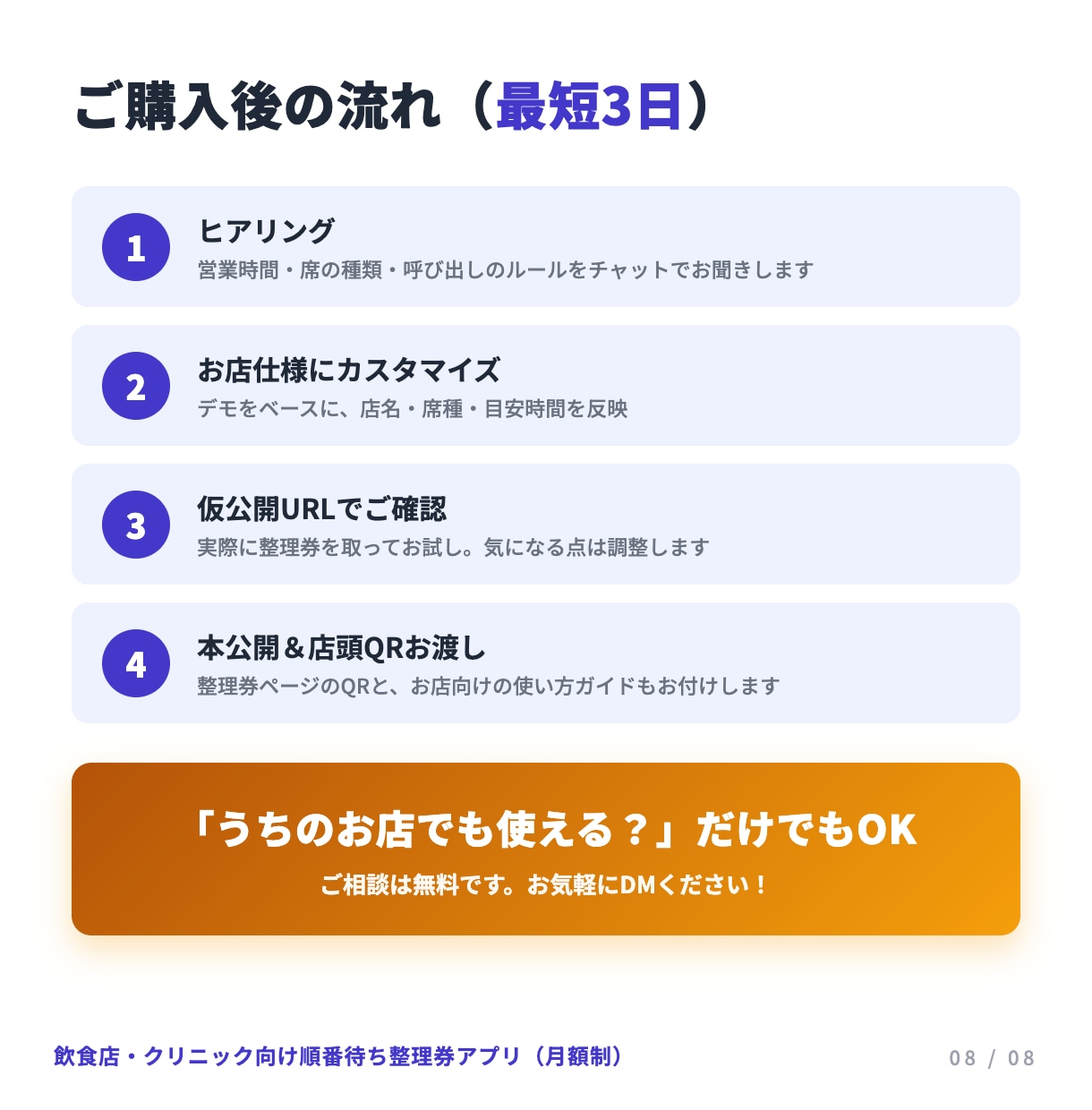 初期費用0円の順番待ちWeb整理券を提供します 初期費用0円・月額5,000円。行列をスマホ整理券に イメージ8