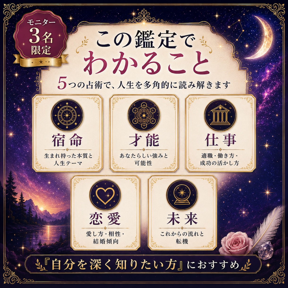 一生保存版｜あなたの人生取扱説明書を作ります 5つの占術で宿命・才能・仕事・恋愛・未来を総合鑑定 イメージ2