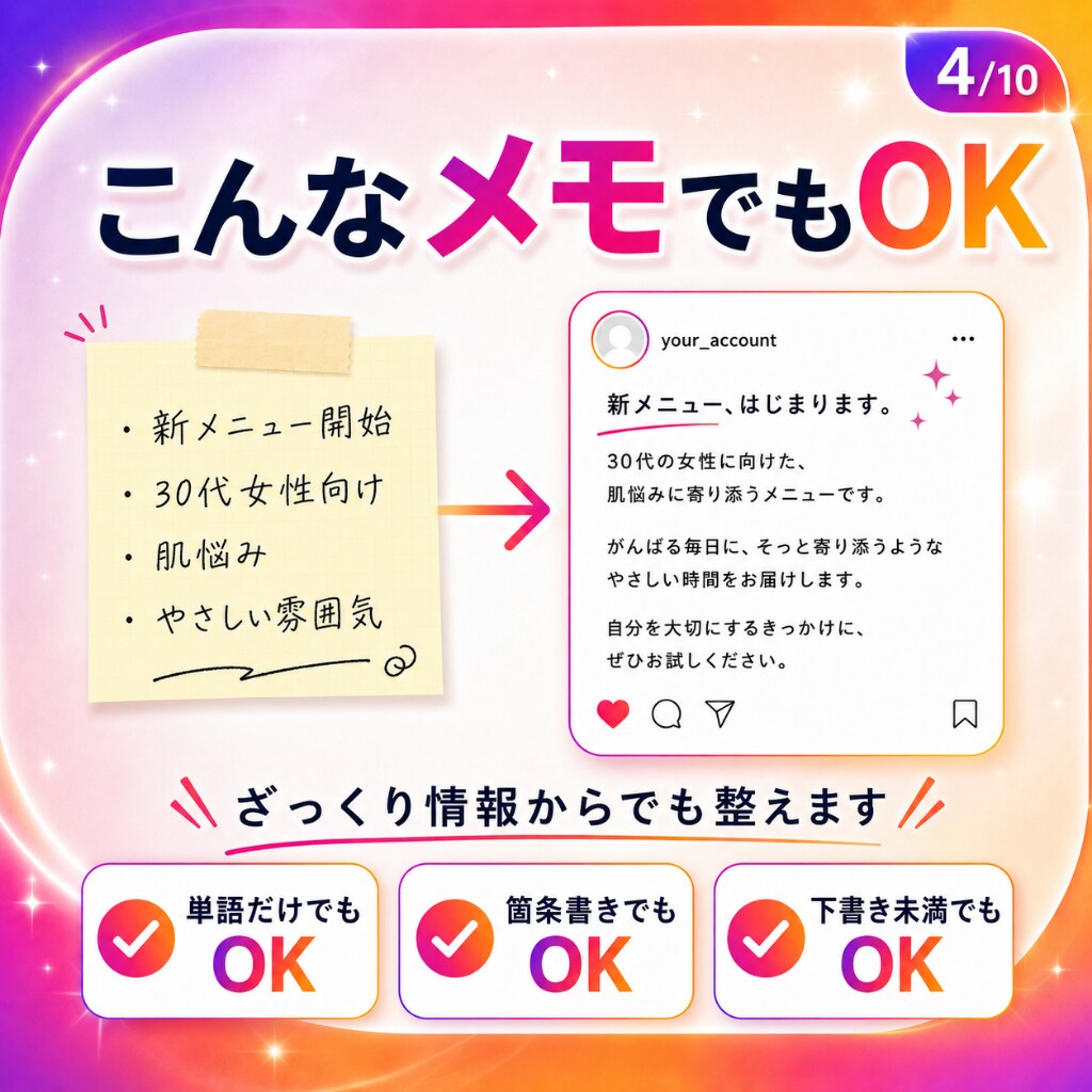 メモ程度から想いを汲み取りインスタ投稿文を整えます 初心者でも下書き未満のメモから伝わる投稿文へ自然に整えます。 イメージ4