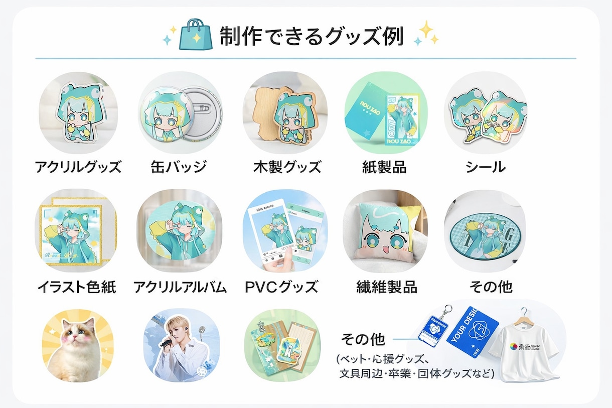 同人、オリジナルグッズの制作をお手伝いします 缶バッチ、アクスタや色紙など、様々なものを受け付けできます イメージ1