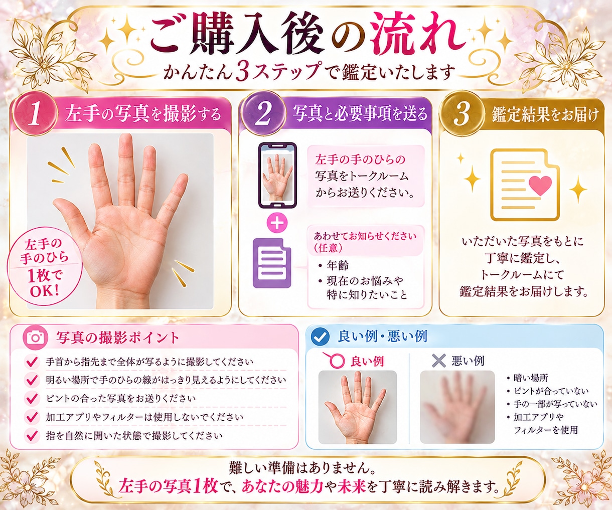 左手の写真で恋愛も仕事も未来の可能性を読み解きます 占い歴10年以上の経験をもとに左手の手相を丁寧に鑑定します イメージ3
