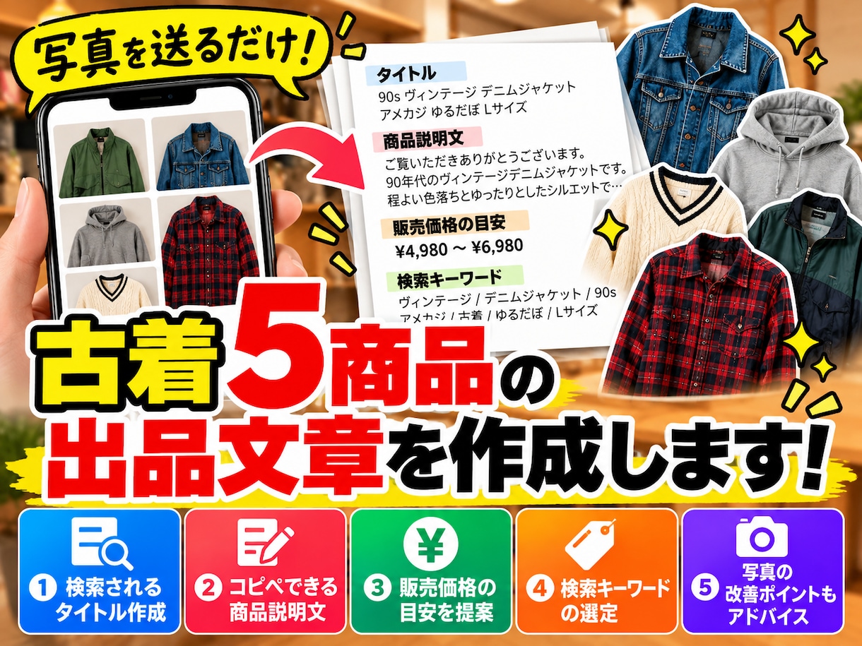 古着5商品の出品文章を作成します 写真を送るだけ｜タイトル・説明文・価格目安までまとめて提案 イメージ1